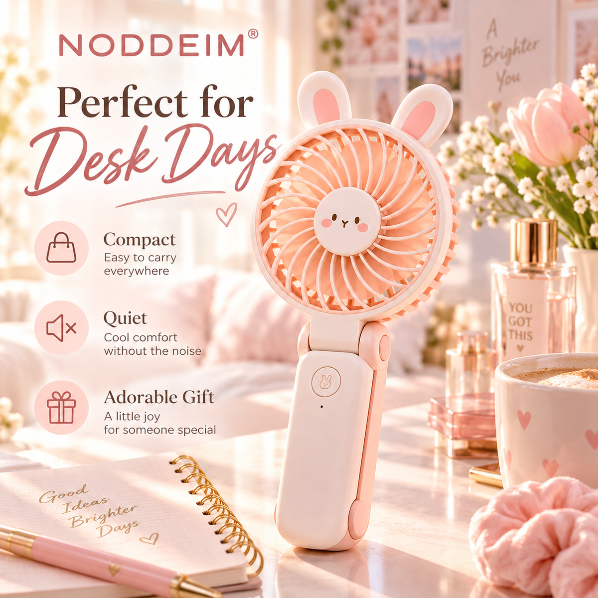 NODDEIM 🌬️ Mini Portable Desk Fan ✨ 3-Speed Rechargeable Personal Fan | Powerful Airflow, Ultra-Quiet Operation & Long-Lasting Battery | Compact USB Fan for Home, Office, Bedroom, Travel & Outdoor Use