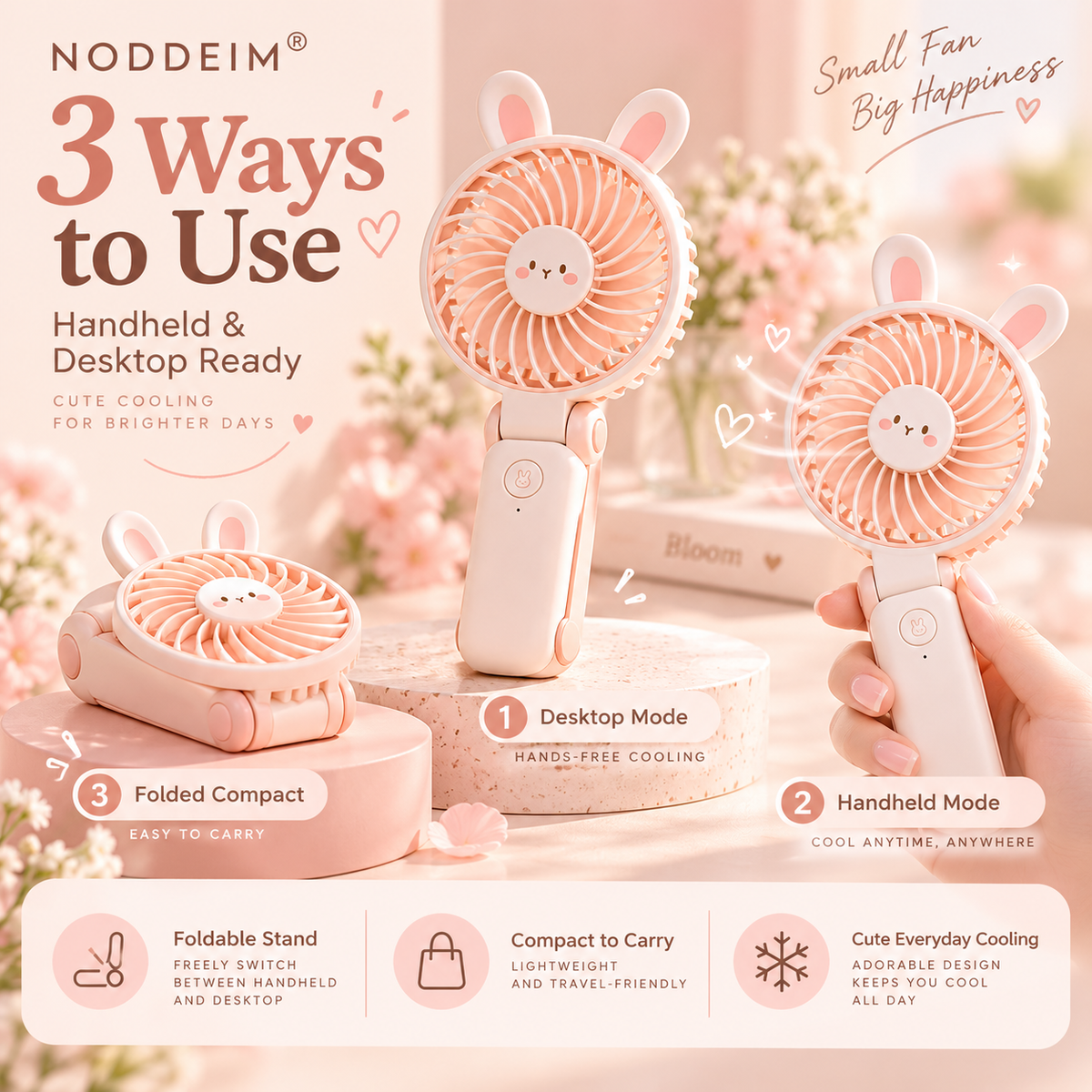 NODDEIM 🌬️ Mini Portable Desk Fan ✨ 3-Speed Rechargeable Personal Fan | Powerful Airflow, Ultra-Quiet Operation & Long-Lasting Battery | Compact USB Fan for Home, Office, Bedroom, Travel & Outdoor Use